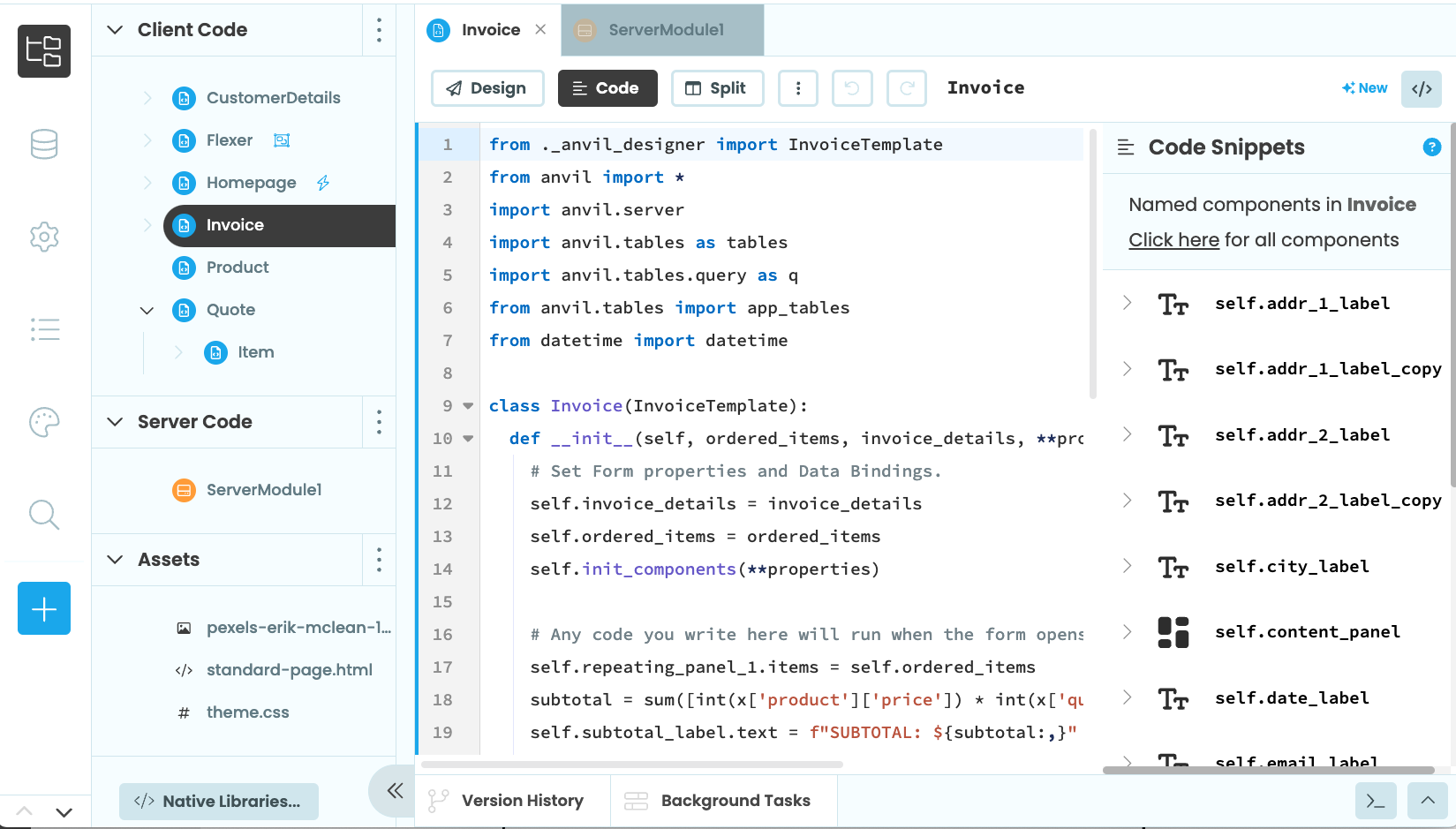 The Code view of the Form Editor showing the Form as a Python class.