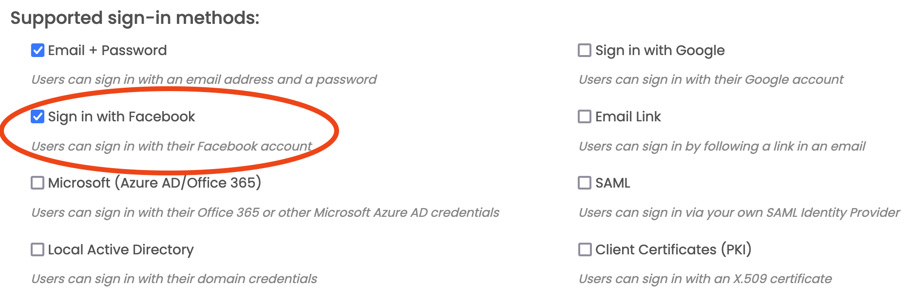 The various log-in options in the Users Service.