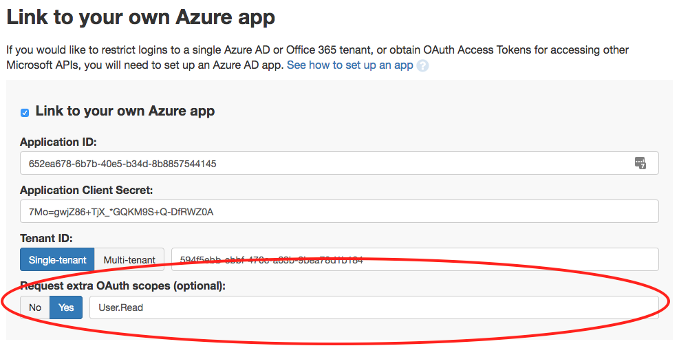 Part of the Anvil Microsoft API Service view with the Request extra OAuth scopes selector set to 'yes' and User.Read entered into the adjacent text box.