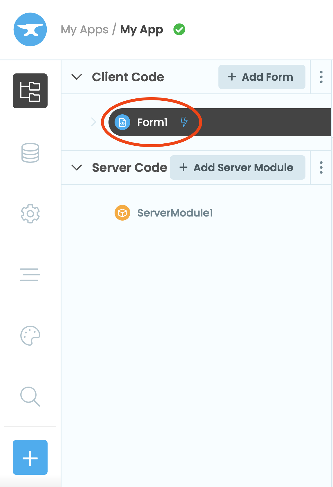 App Browser showing where to find Form1