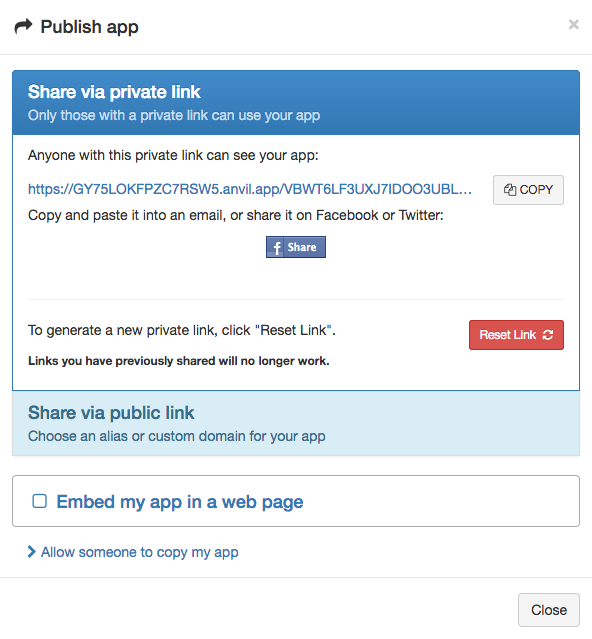 The publish app dialog showing the private URL for this app