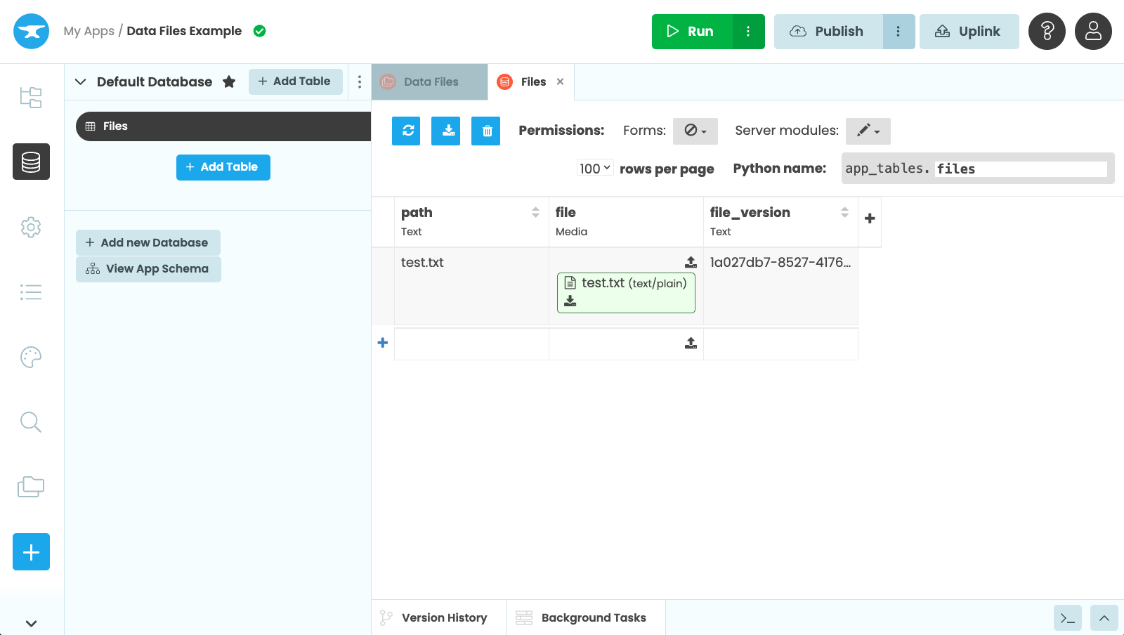 The Files table in an app's Data Tables