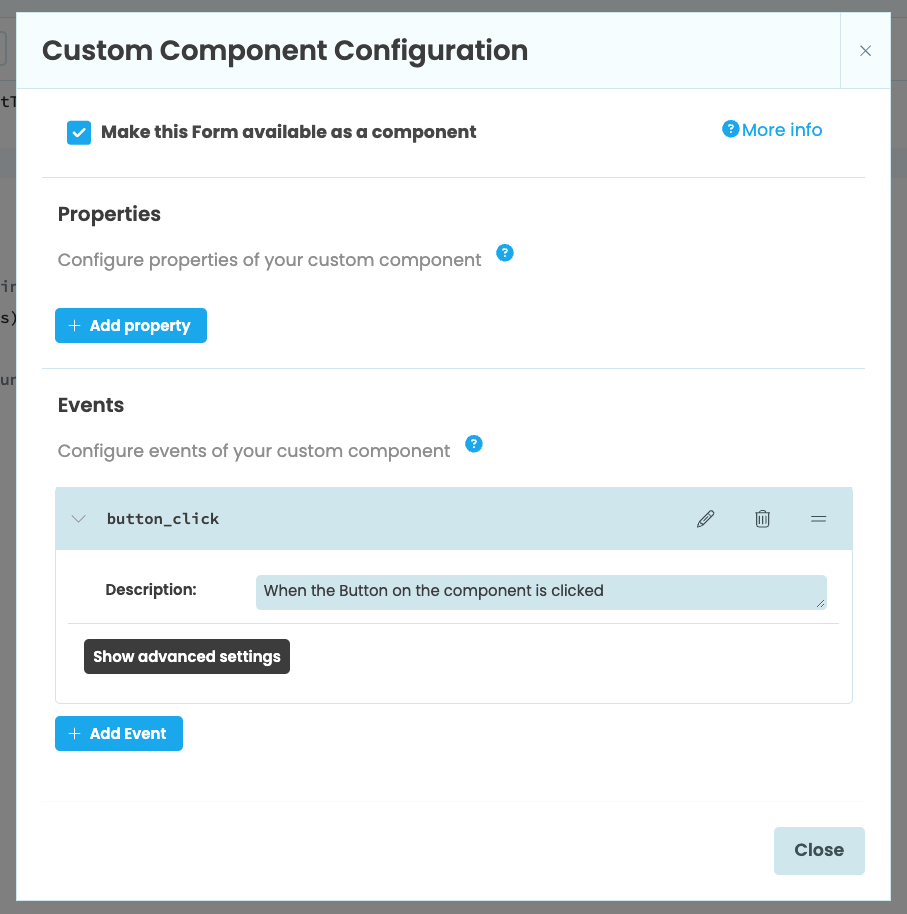 Screenshot of the Custom Component Configuration popup menu with an event called `button_click` added