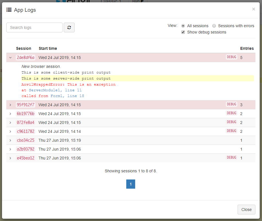 The App Logs dialog