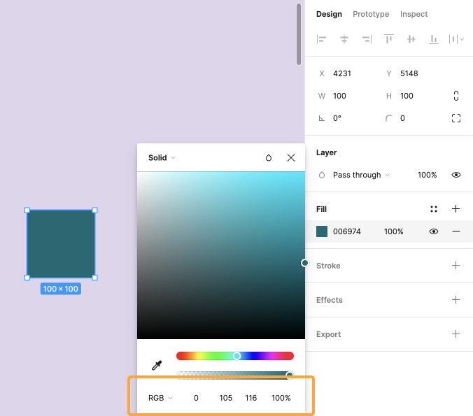 Using Figma to convert a hex code to rgb