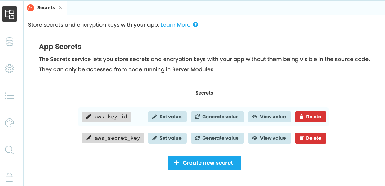 The AWS keys added as app secrets to the app