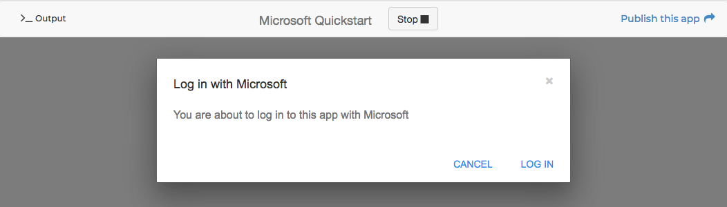 A running app showing a dialog with 'cancel' and 'log in' buttons, and a message informing you you are about to log in with Microsoft.