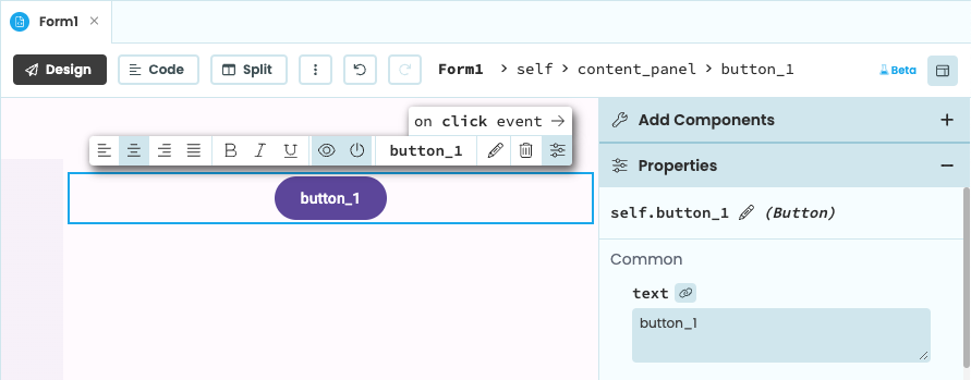 The Design View with a single button that says 'button_1' on it, showing the Object Palette and the Properties Panel where the name is 'self.button_1'.