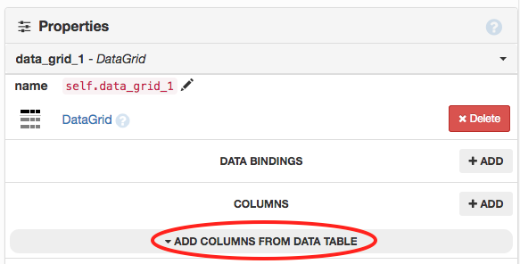 The Properties Panel for a Data Grid showing a button that says 'Add Columns from Data Table'.