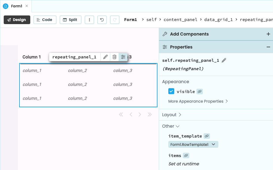 A Data Grid dropped into an app comes pre-populated with a RepeatingPanel