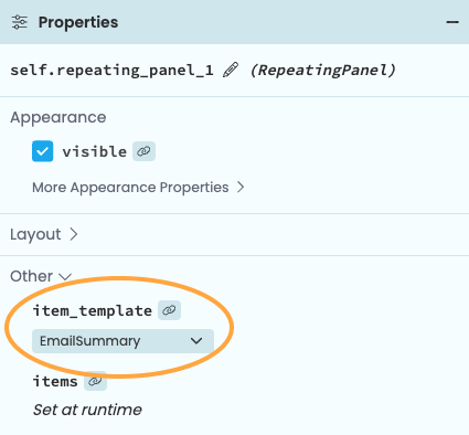 The Properties Panel for a RepeatingPanel, with a dropdown menu to select a Form to use as the template.