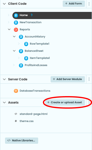 The App Browser with 'Create or upload Asset' circled in red