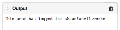 The Output Panel showing a message reading 'This user has logged in: shaun@anvil.works