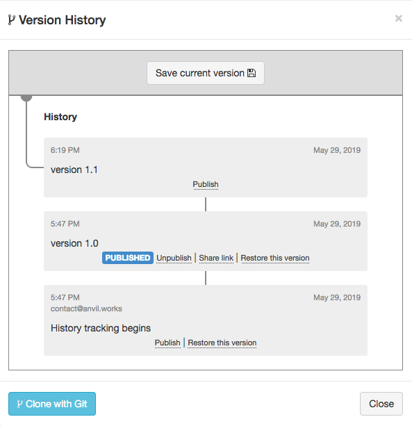 The same version history tree, but 'version 1.0' has a 'published' label below it