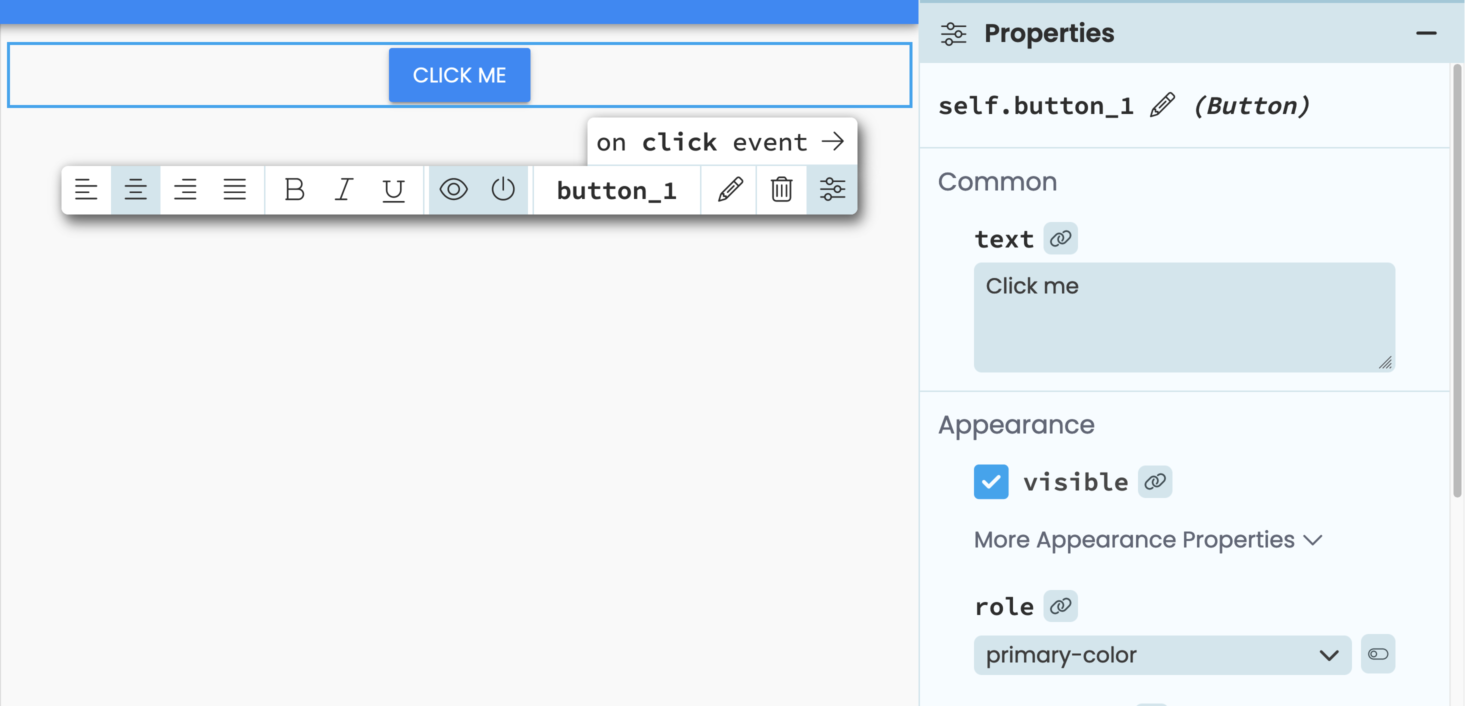 Example of a button component's properties