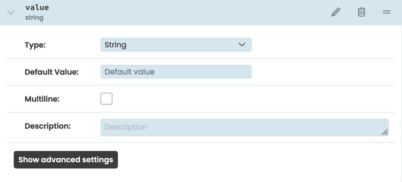 Screenshot of the input_type property in the Custom Component configuration modal