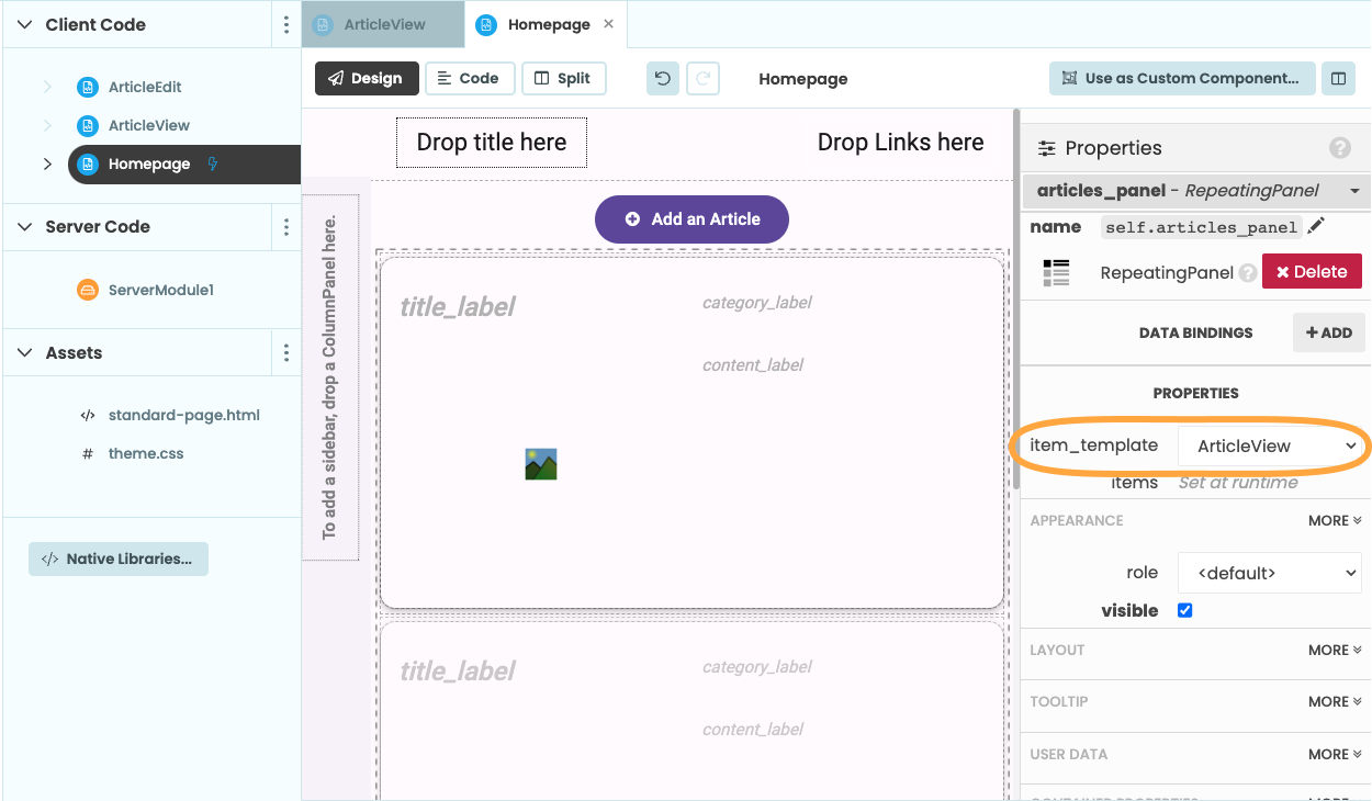 The Homepage design view showing a RepeatingPanel with its ItemTemplate set to the 'ArticleView' Form