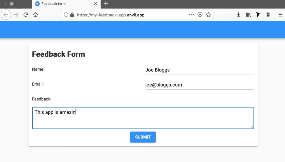 Submitting feedback in the Feedback Form Tutorial app.