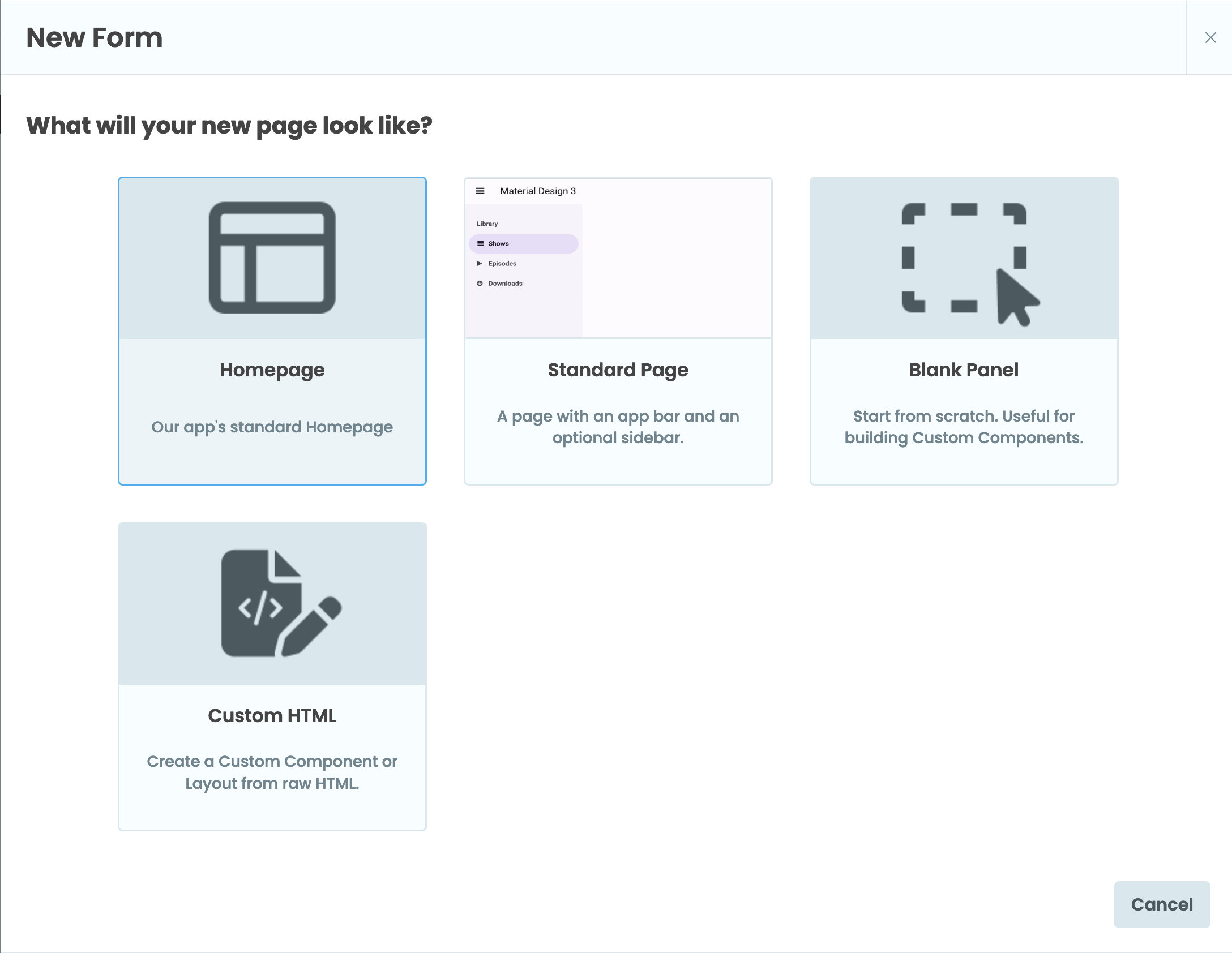 The modal for selecting the template.